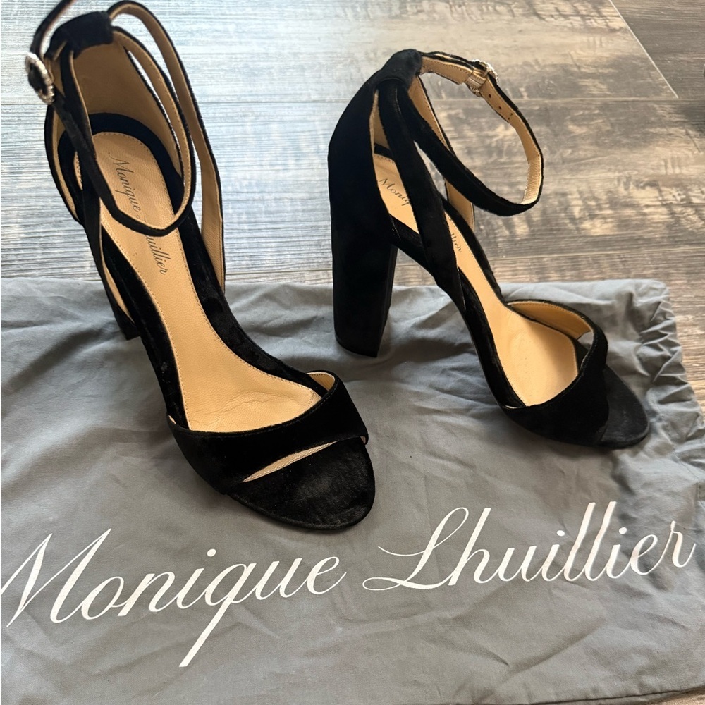 Monique Lhuillier Black Velvet Ankle-Strap Block Heels